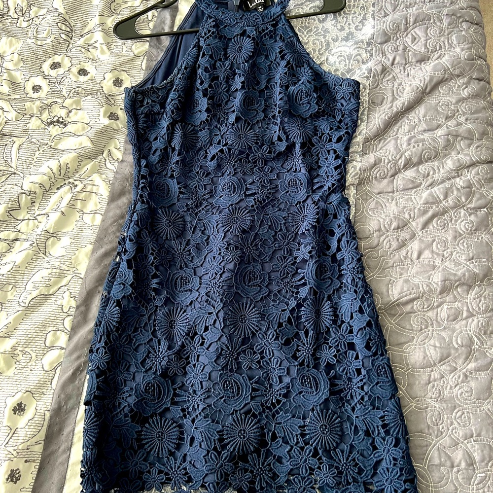 Lulus Love Poem Navy Blue Lace Mini Dress